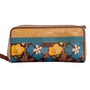 Fossil Floral Zip Around Clutch Wallet Yellow Blue Vintage Collection